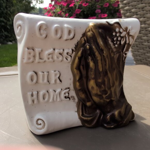 Vintage Porcelain Ceramic God Bless Our Home Napkin Holder Praying Hands - Picture 5 of 5